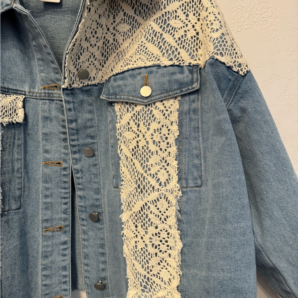 Oli & Hali Blue Jean Jacket with Unique Pattern and Frayed Hem - Picture 13 of 16